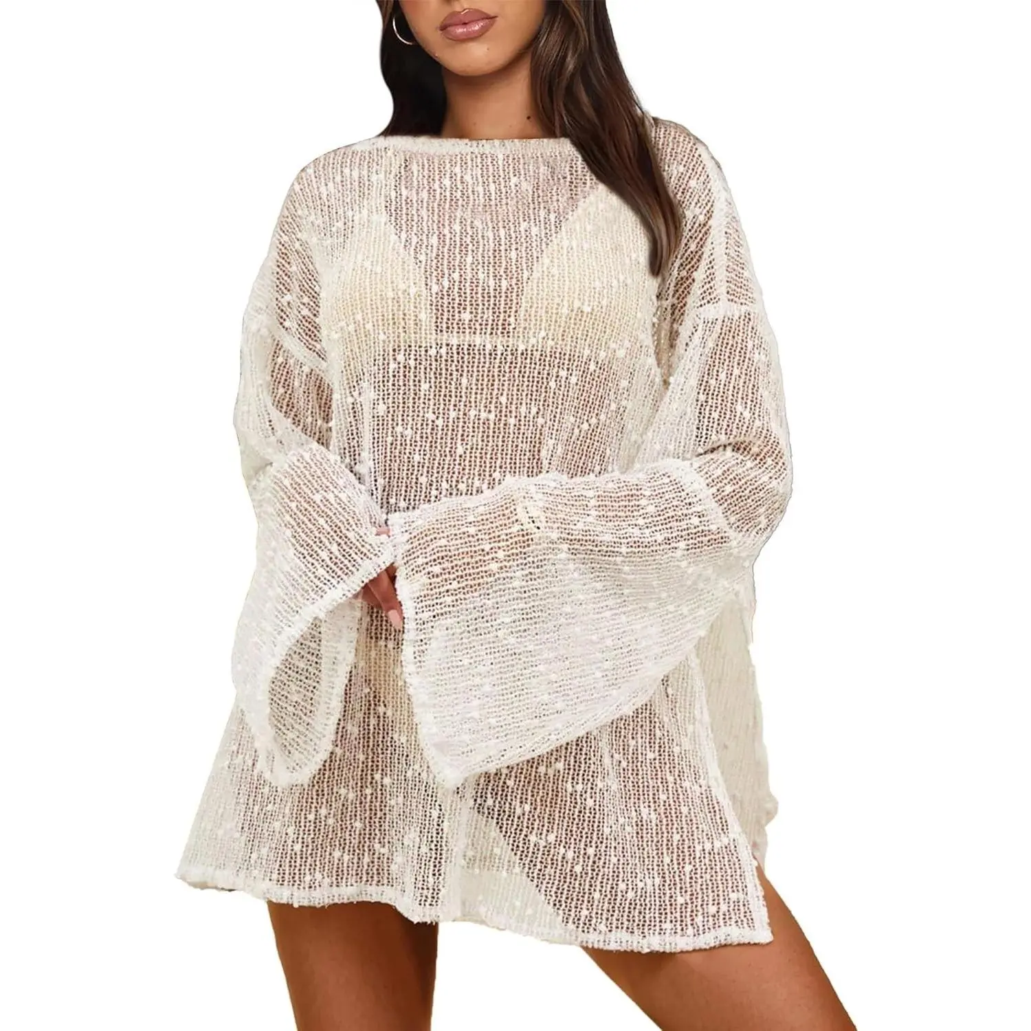 Women's Long Sleeve Crochet Cover Up Dress Sheer Boat Neck Bikini Coverup Caftan Swimwear Vacation Pool Poncho Top Bachelorette Party Resort Wear Cruise OutfitsGift
