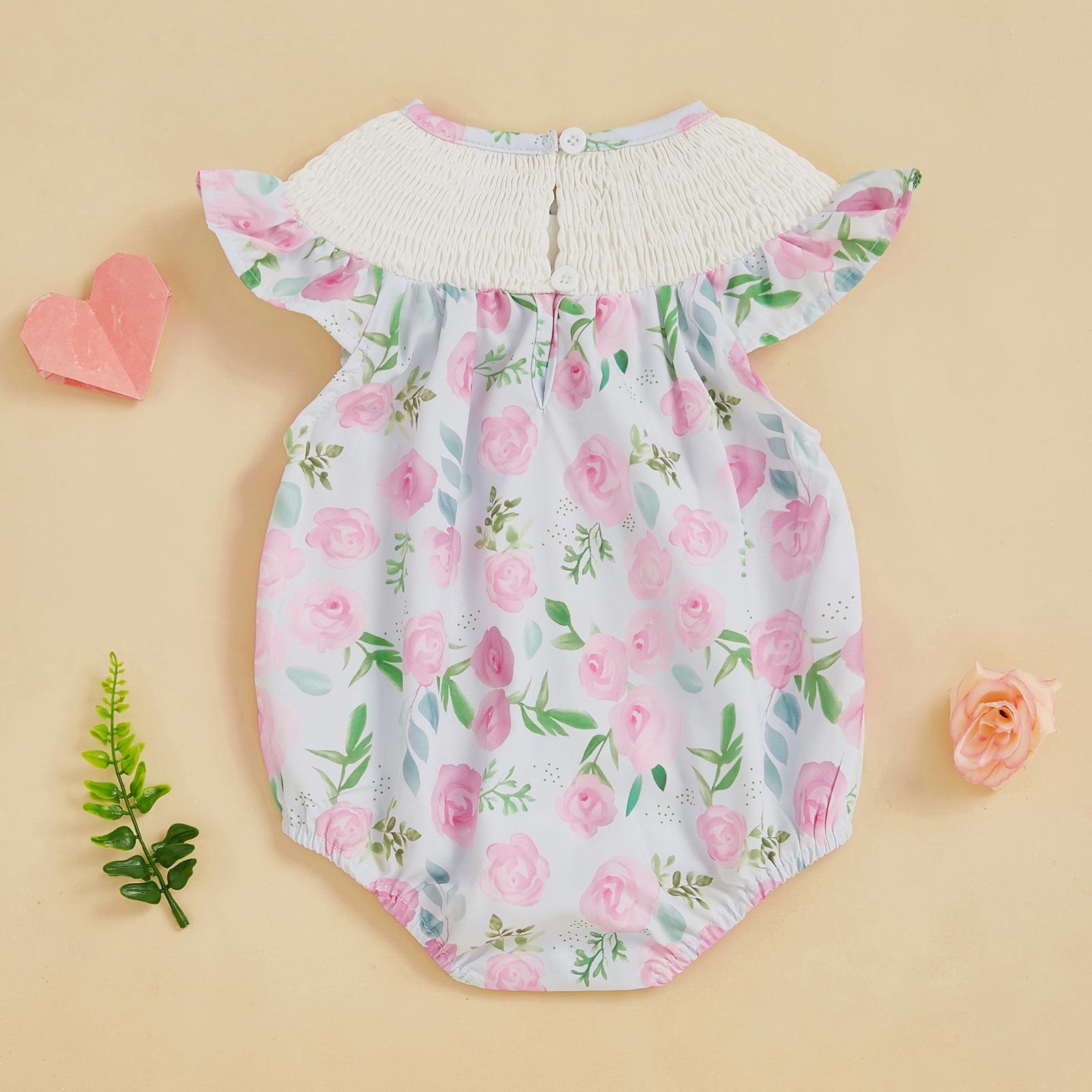 Newborn Baby Girl Summer Outfits Floral Mamas Girl Smocked Bubble Romper Fly Sleeve Onesie Bodysuit Mothers Day Clothes