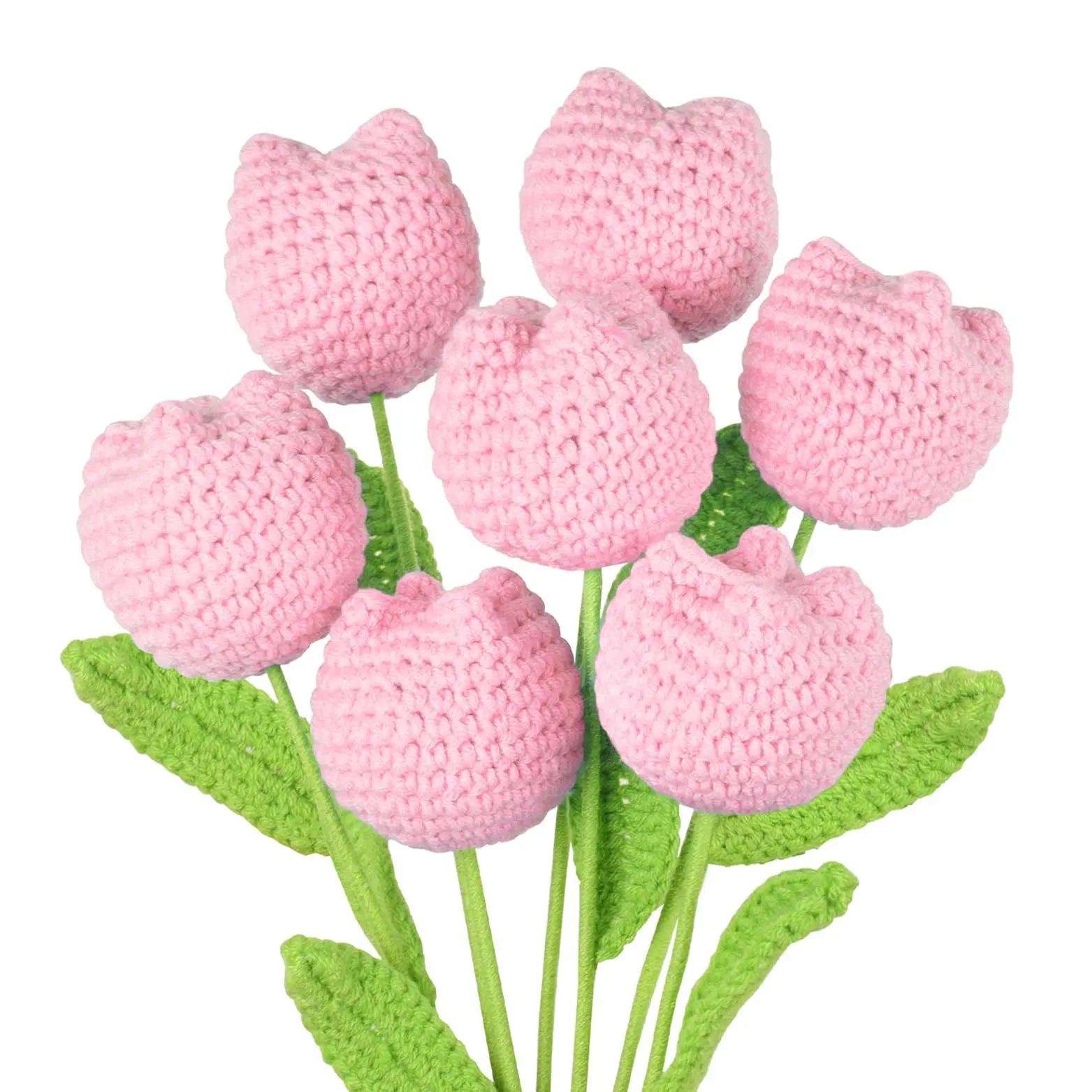 7 Pcs Tulips Crochet Flowers, Pink Artificial Tulips Knitted Flowers Finished Crochet Flower Bouquet Vase Filler Decorative Artificial Flower for Home Office Decoration Wedding Birthday Gift