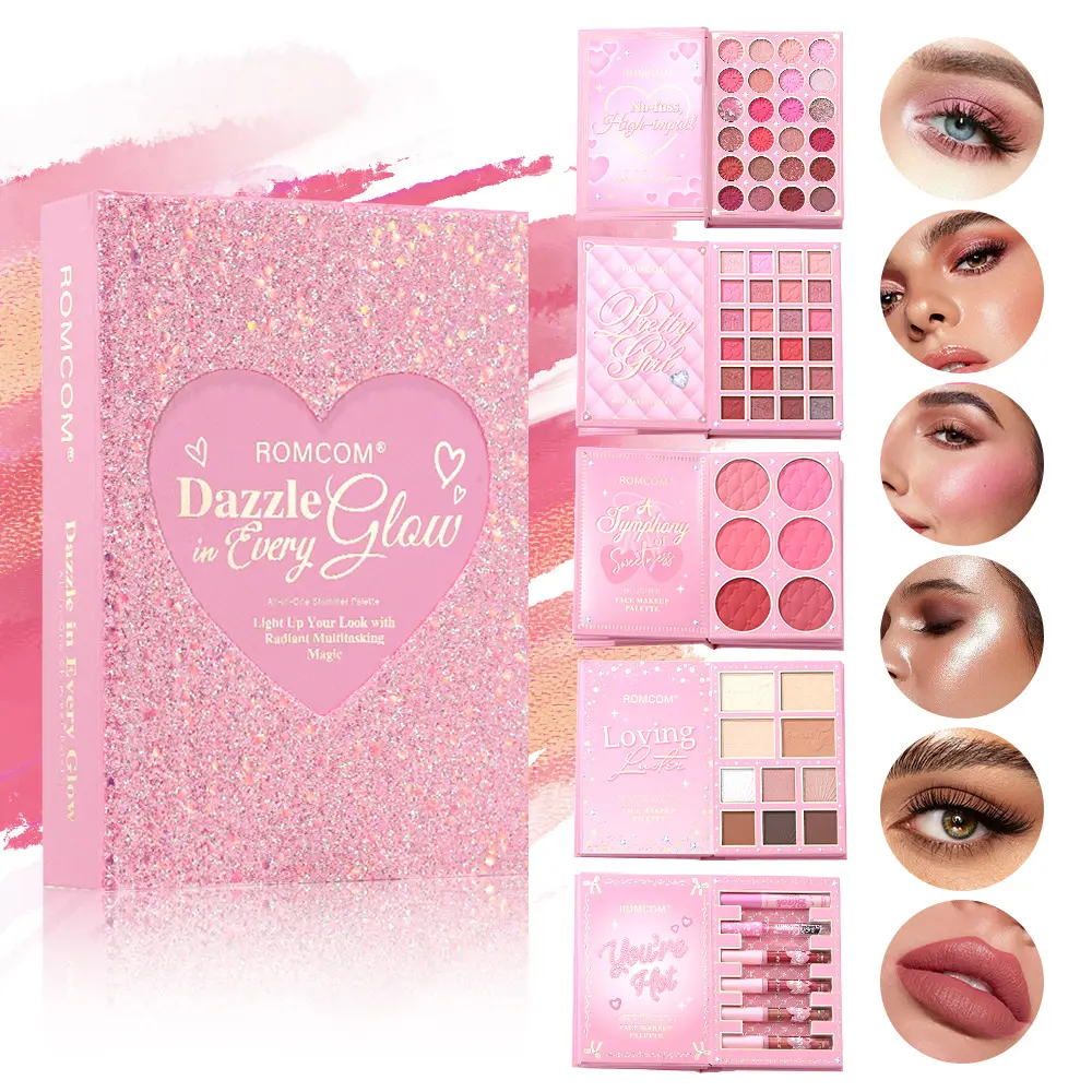 Shimmering Pink Glow Makeup Book Palette, Blush, Highlighter, Contour, Makeup Gift Set with Five-Page Eyeshadow and Lip Gloss—The Ultimate Gift for Pink and Glow Lovers