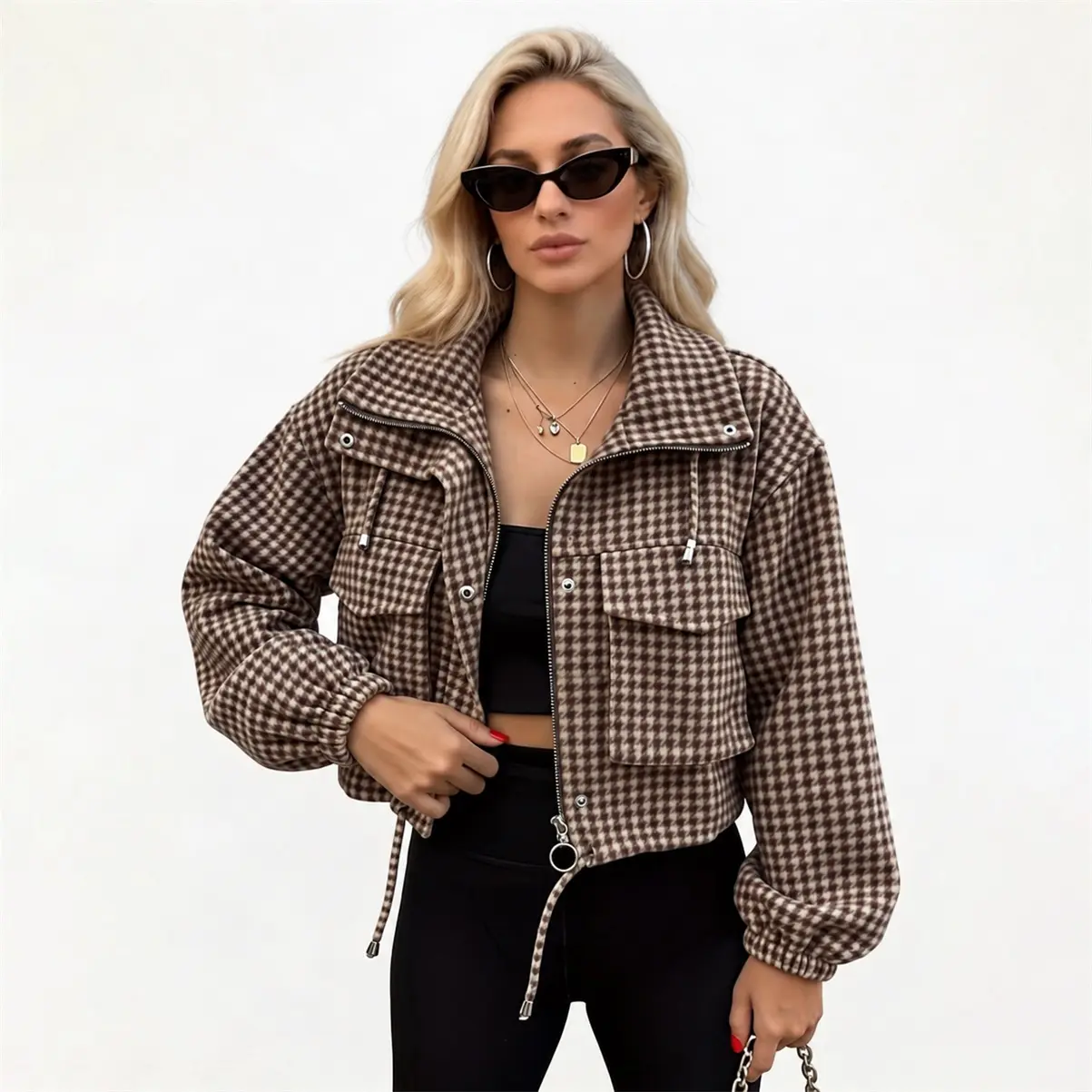 Women’s Houndstooth Cropped Jacket, （Please Read The Size Chart Carefully.）Vintage Plaid Zip Up Coat with Utility Pockets, Casual Long Sleeve Streetwear Outerwear, Trendy Fall Winter Layering Jacket for Daily Wear, Travel & Going Out