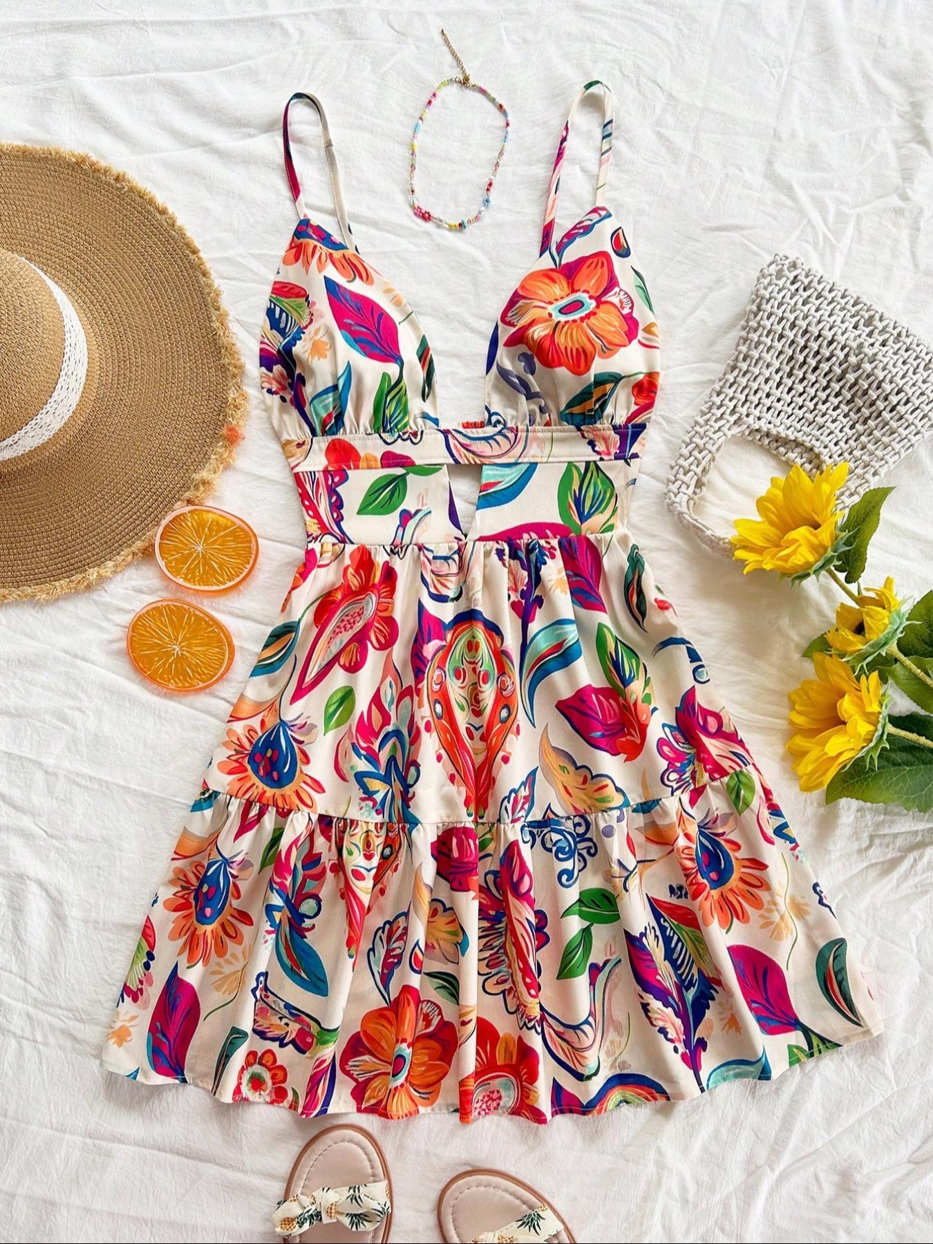 Women's V-Neck Backless Mini Dress, Animal and Floral Print Woven Summer Holiday Style, Perfect for Beach and Spring Fashion, Casual Wear Women's V-Neck Backless Mini Dress, Animal and Floral Print Woven Summer Holiday Style, Perfect for Beach and Spring Fashion, Casual Wear