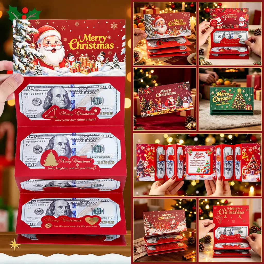 Christmas Cash Gift Envelopes (2PCS) - 6-Slot Folding Dollar Bill Holders, 7 Festive Designs (Santa Claus, Reindeer, Christmas Tree), Holiday Party Gifts for Family
