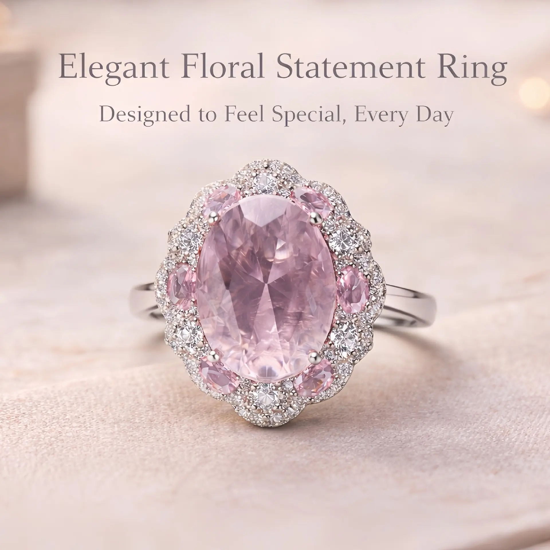Women's Bohemian Floral-Inlay Costume Ring - Pink Large Stone, Cubic Zirconia Diamond Accent, Open-End, Elongated Heart Locket Picture Ring for Female Gift