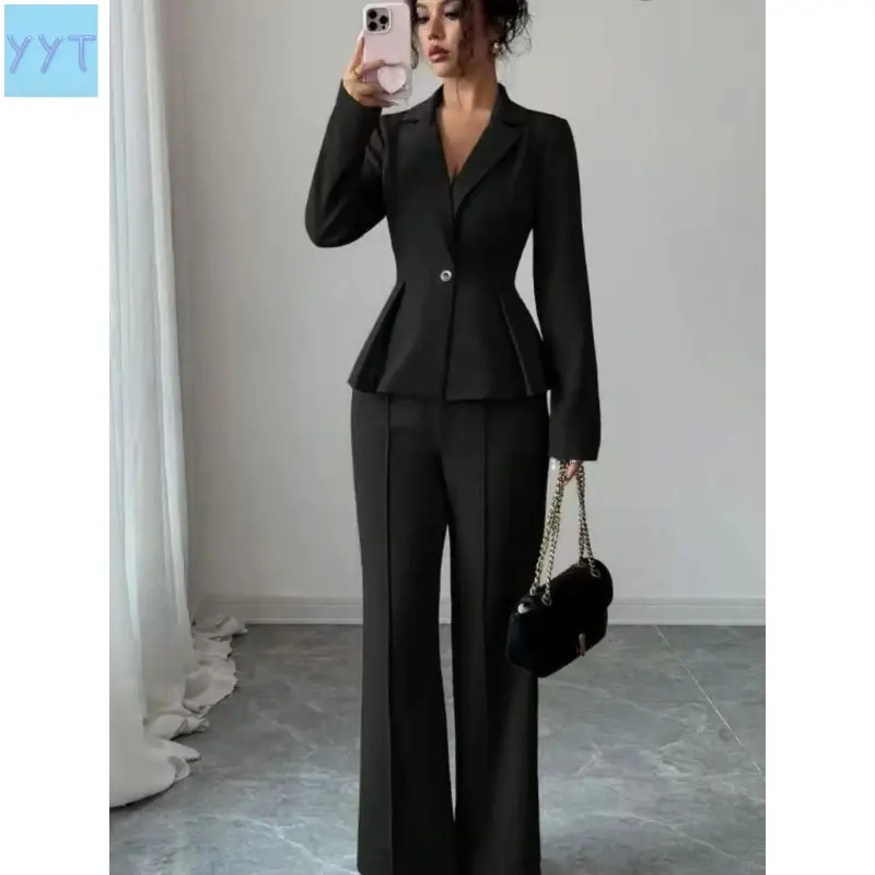 YYT1 Two-piece women's black Collared lapel multi-button waist-cinching pleated hem long sleeve blazer-waisted long-legged suit pants, Business suit set, suitable all seasons, daily attendance, and events