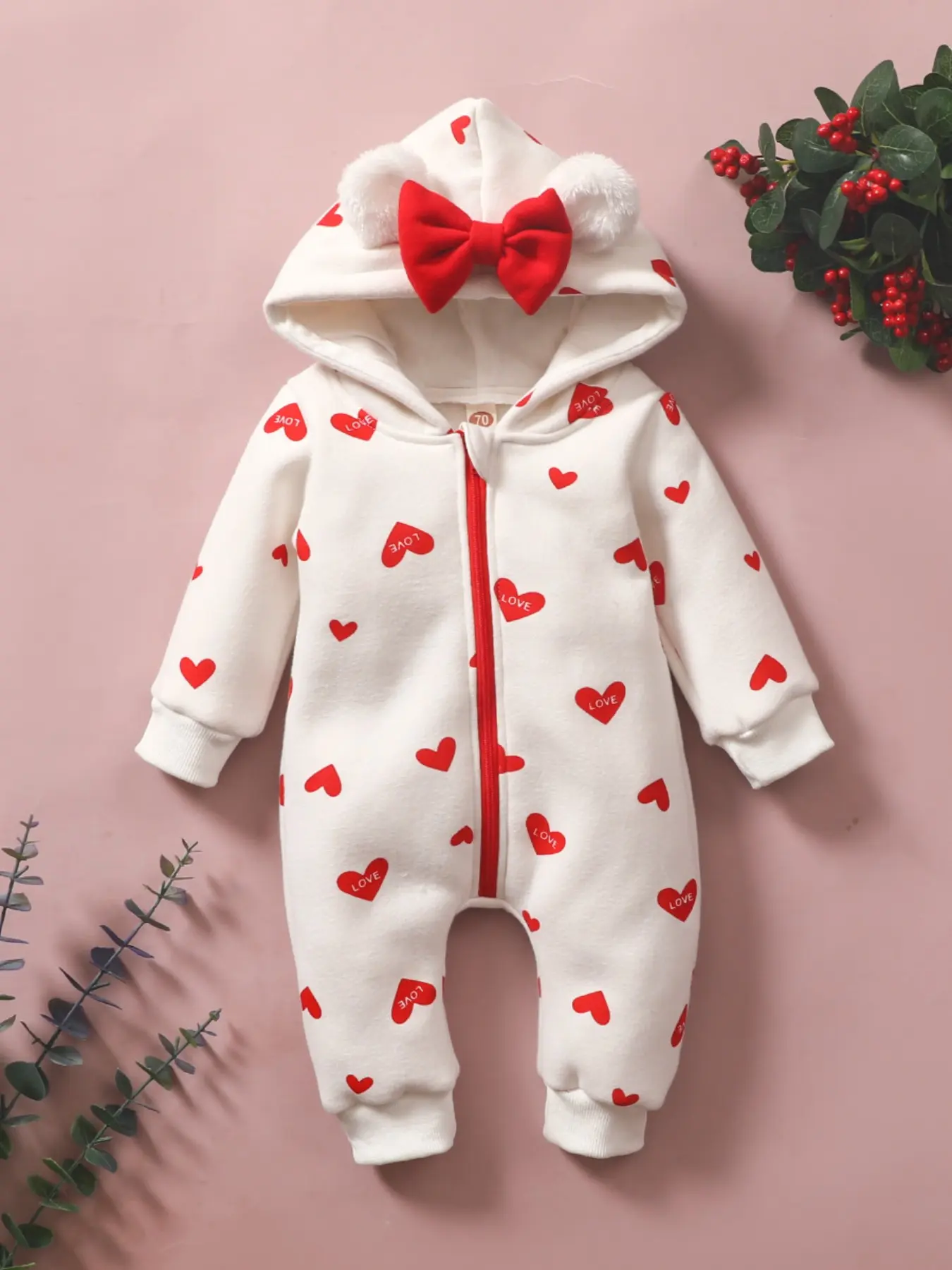 Adorable Baby Girl Sweatshirt Fabric Random Heart Letter Pattern Long Sleeve Full-Length Onesie, Fall Winter Outerwear