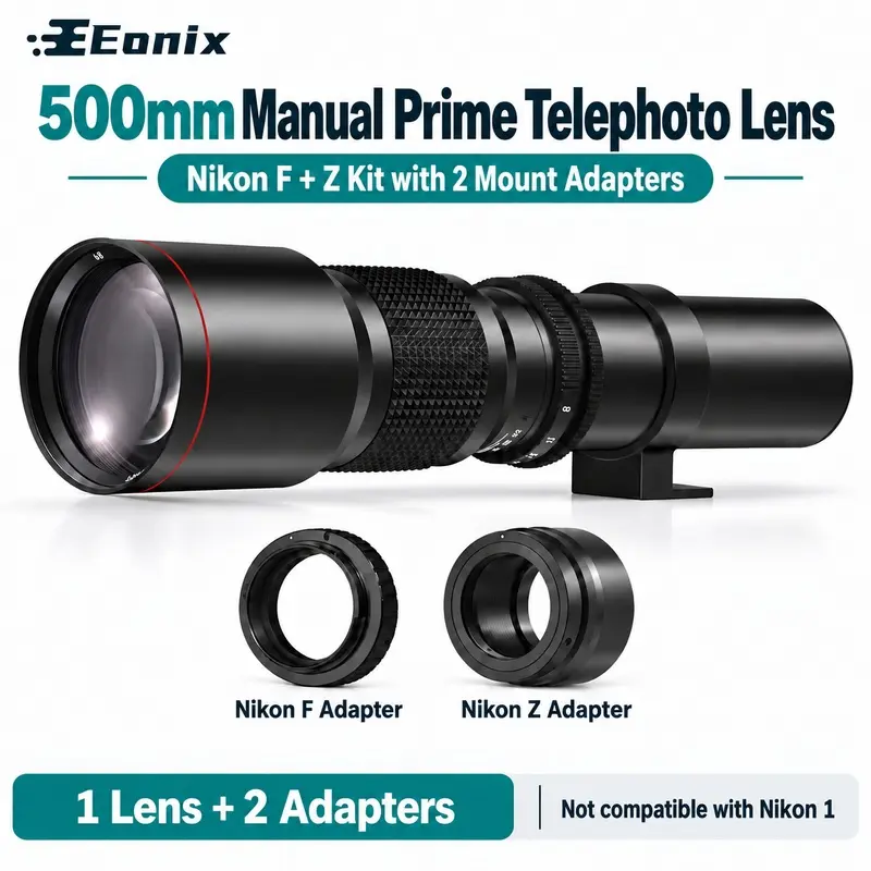 500mm Manual Telephoto Lens Nikon F/Z with 2 Adapters Camera Lens