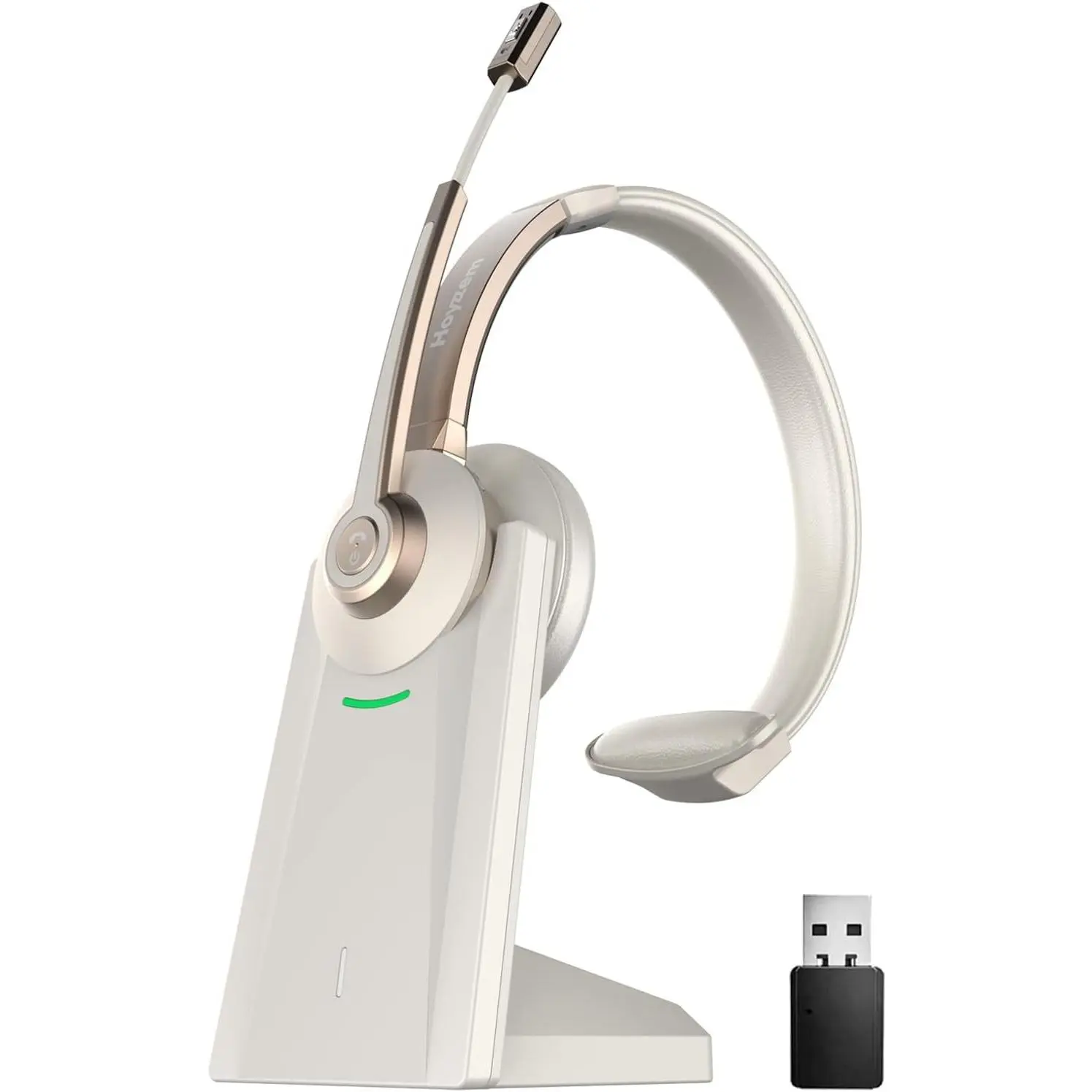 V5.0 Wireless Bluetooth Headset with Noise Canceling Microphone, USB Dongle, Mic Mute & Charge Dock, Gold Headphones for PC Laptop Phone Meeting Call Center Office