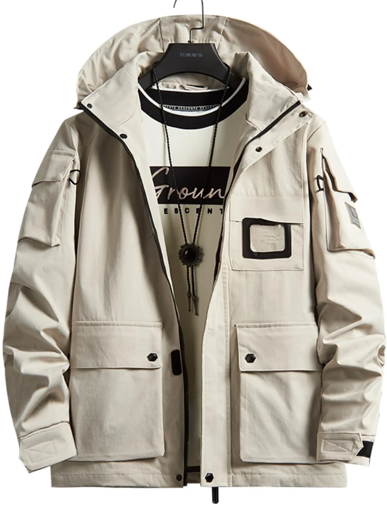Men's Multi-Pocket Workwear Hooded Jacket, Windproof Waterproof Durable, Casual Long Sleeve, Spring & Fall Outdoor Gear
