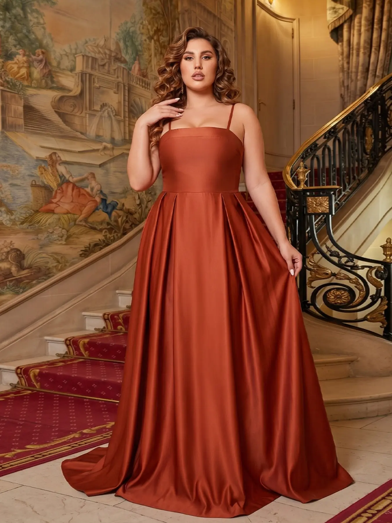 Plus Size Simple Solid Color Thin Straps Satin Square Neck Waist Cinched Pleated Floor-Length Dress, Formal, Wedding, Prom, Graduation, Party Gown, Elegance