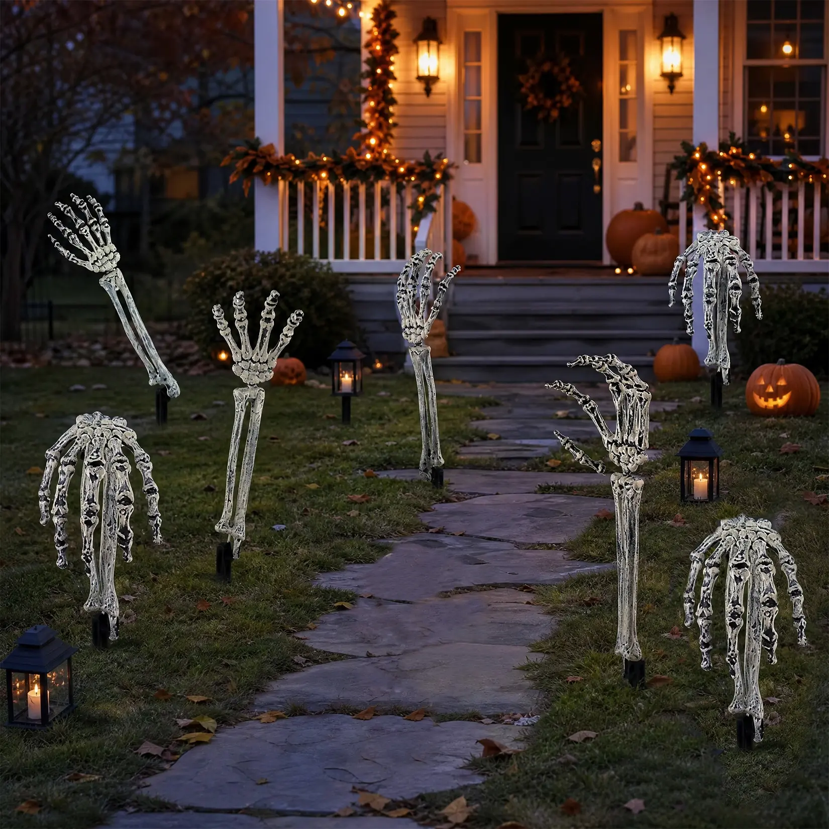 Halloween Skeleton Hand Ground Stakes, 6 Pairs Plastic Yard Decorations - Weathered Bone Finish - Outdoor Graveyard, Lawn & Garden Decor