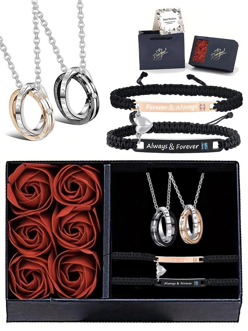 Valentine's Day Couple Jewelry Set with Rose Box, Including Rhinestones Decor Pendant Necklace & Heart Charm Bracelet, Adjustable Jewelry Set for Men & Women, Gift for Couple, Jewellery Gift Set, Mother's Day Gifts, Gift Set for Mothers, Gifts for Her