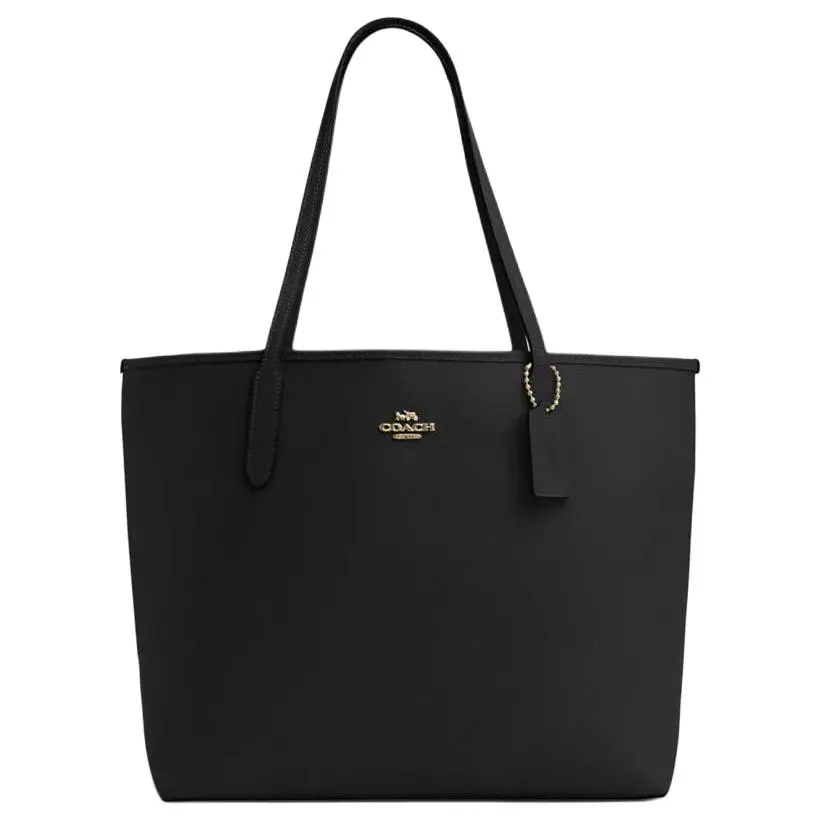 COACH City 33 Logo Snap-Clasp Leather Tote Bag for Women – Large, Black