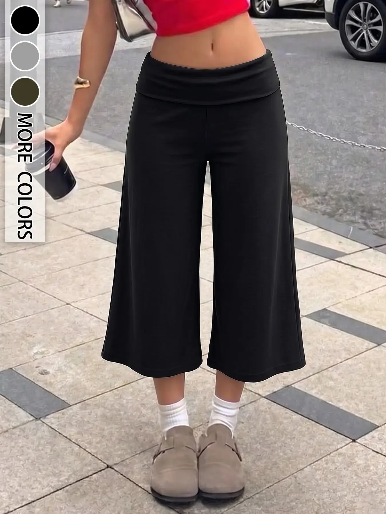 New American Y2K Style Seven-Quarter Wide Leg Pants, Folded Low Waist, Elastic Soft, Polka Dot, Elegant, All Seasons, Women's Casual Pants
