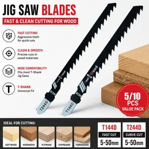 5/10PCS T144D & T244D Wood Jigsaw Blades, HCS T-Shank Fast Straight & Curve Cutting Blades for Softwood, Plywood, Chipboard & Fiberboard