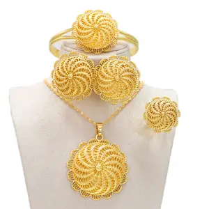 24K Gold Plated Filigree Fashion Jewelry Set - Big Pendant Necklace Earrings Ring & Bangle for Women, Dubai/African Bridal Wedding Statement Non-tarnish Everyday Jewelry