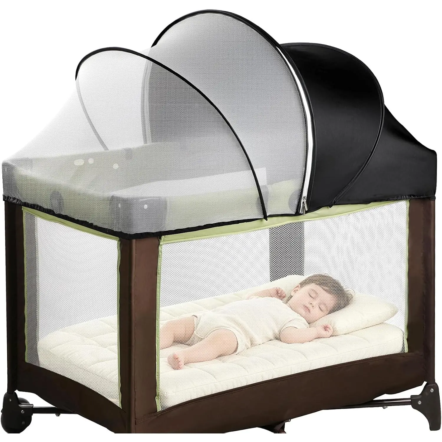 Pack N Play Tent Cover - Half-Blackout Mosquito Net for Crib & Playpen, Baby Bassinet Cover for Cats with 2-Way Zipper, Sun-Blocking Bug Net for Travel Crib (Black-Large)