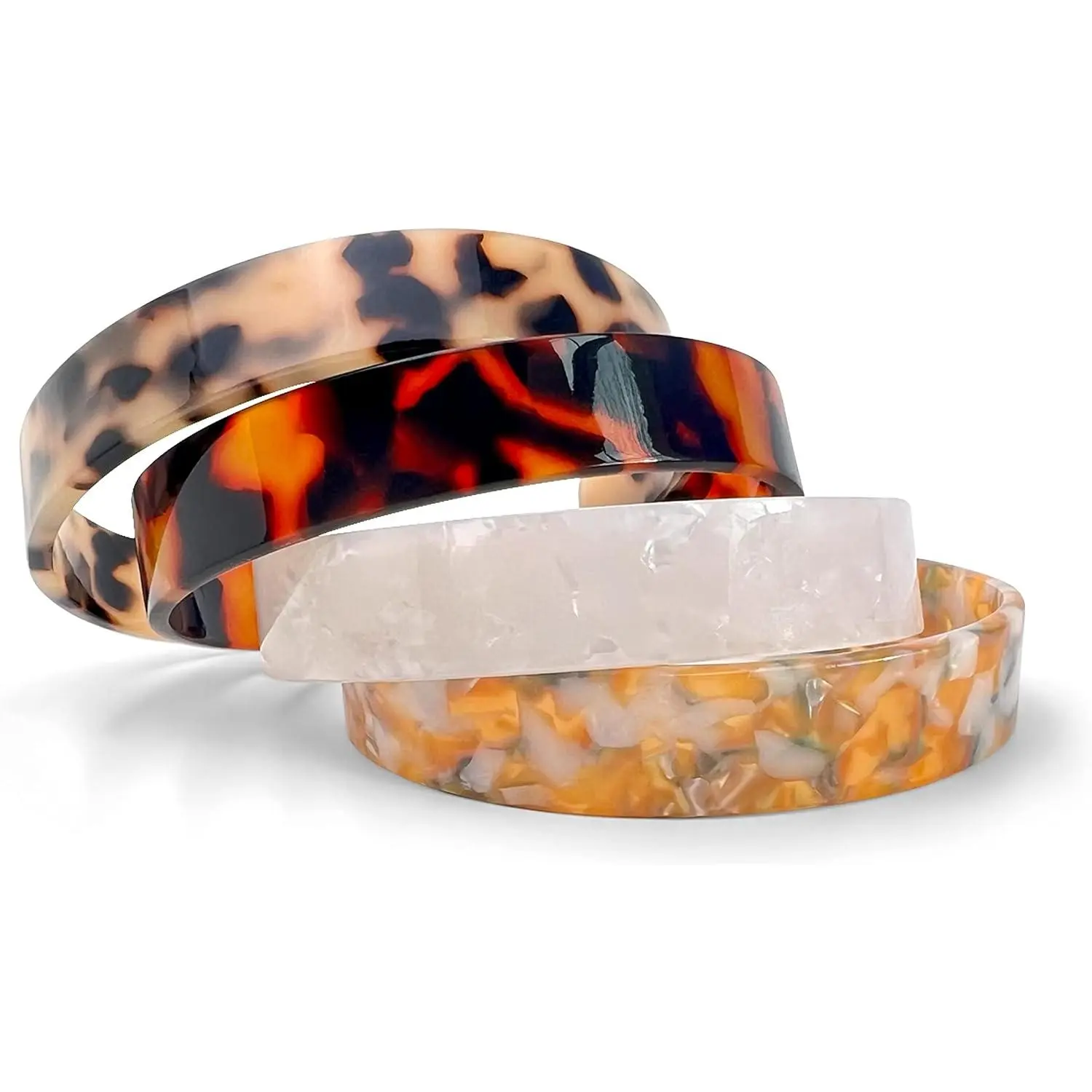 4 count   Plastic Bangle Bracelet Set | Adjustable Stackable, Tortoise Leopard  Print, White , Regular and Plus Sizes