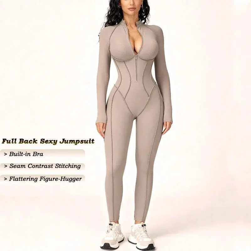 VITALINOVO Womens Running Onesie Athletic Romper Pants Long Sleeve Zip Up Hiking Outfits One Piece Workout Bodycon Jumpsuits