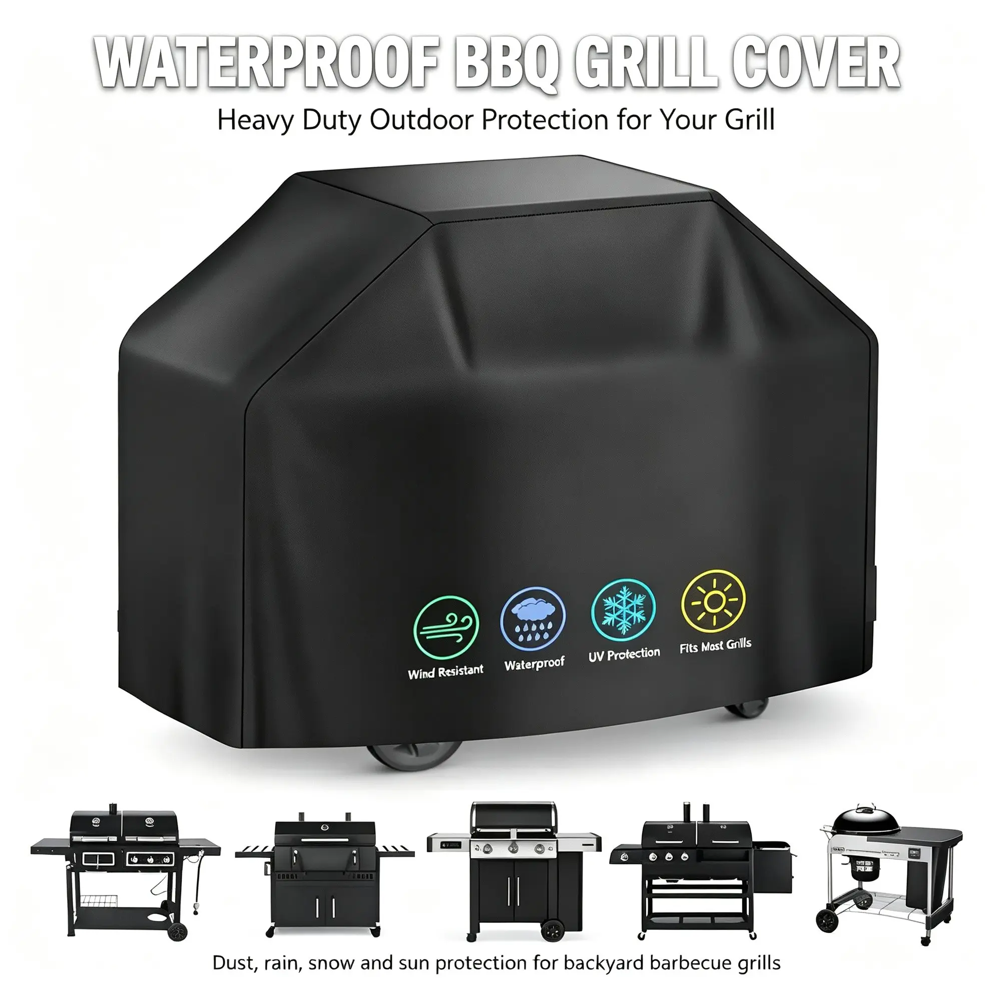 Waterproof BBQ Grill Cover, Outdoor Dust Proof Rain Sun Wind Snow Protection, Universal Garden Grill Shield