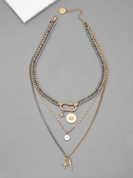 Metal simple gold and silver two-color multi-layer necklace, personalized exaggerated trendy eye pendant multi-layer stacking necklace for women, fashionable and versatile, suitable for daily wear during the back-to-school season, and a gift for Teacher's