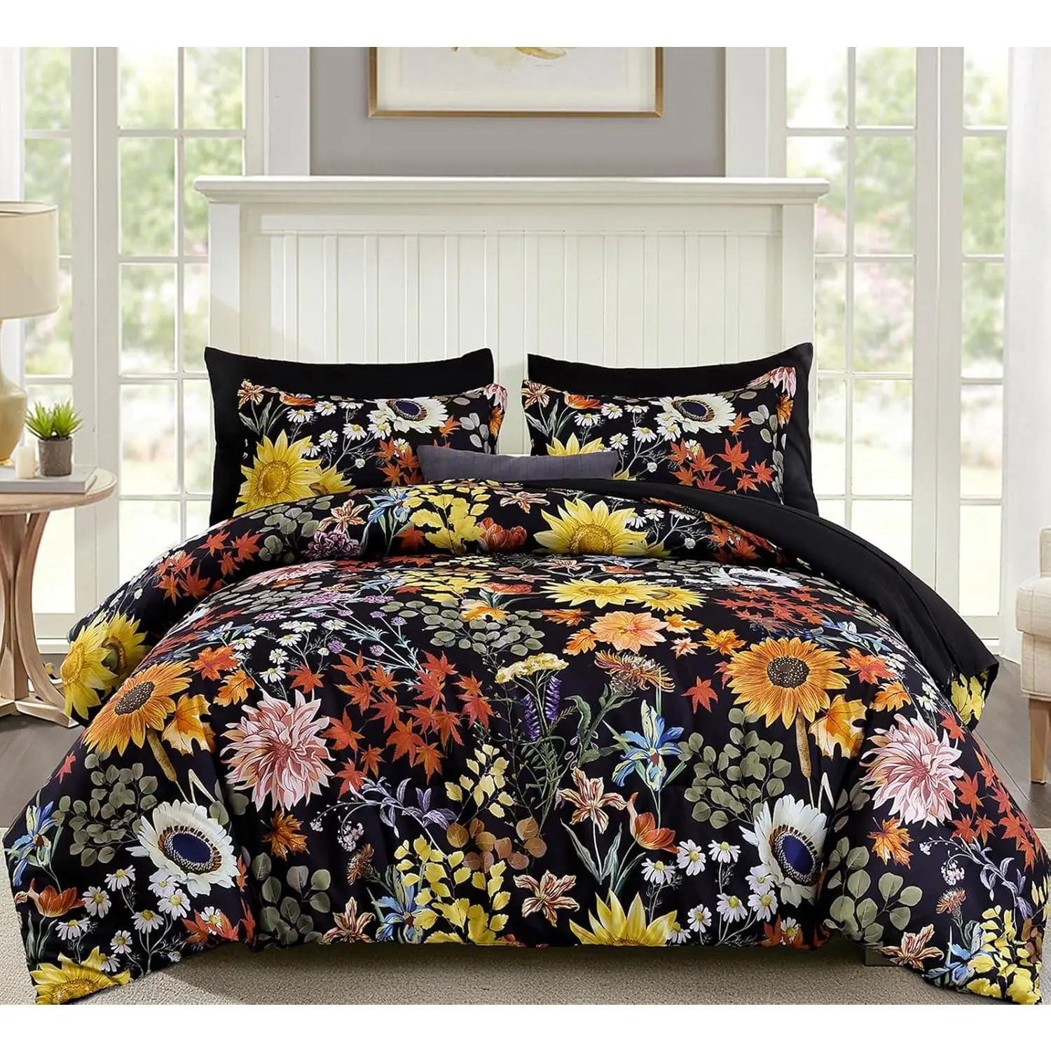 Bed in a Bag King Black Yellow Comforter Set 7 Pieces Soft Microfiber Floral Bedding Set with 1 Comforter 1 Flat Sheet 1 Fitted Sheet 2 Pillowshams 2 Pillowcases