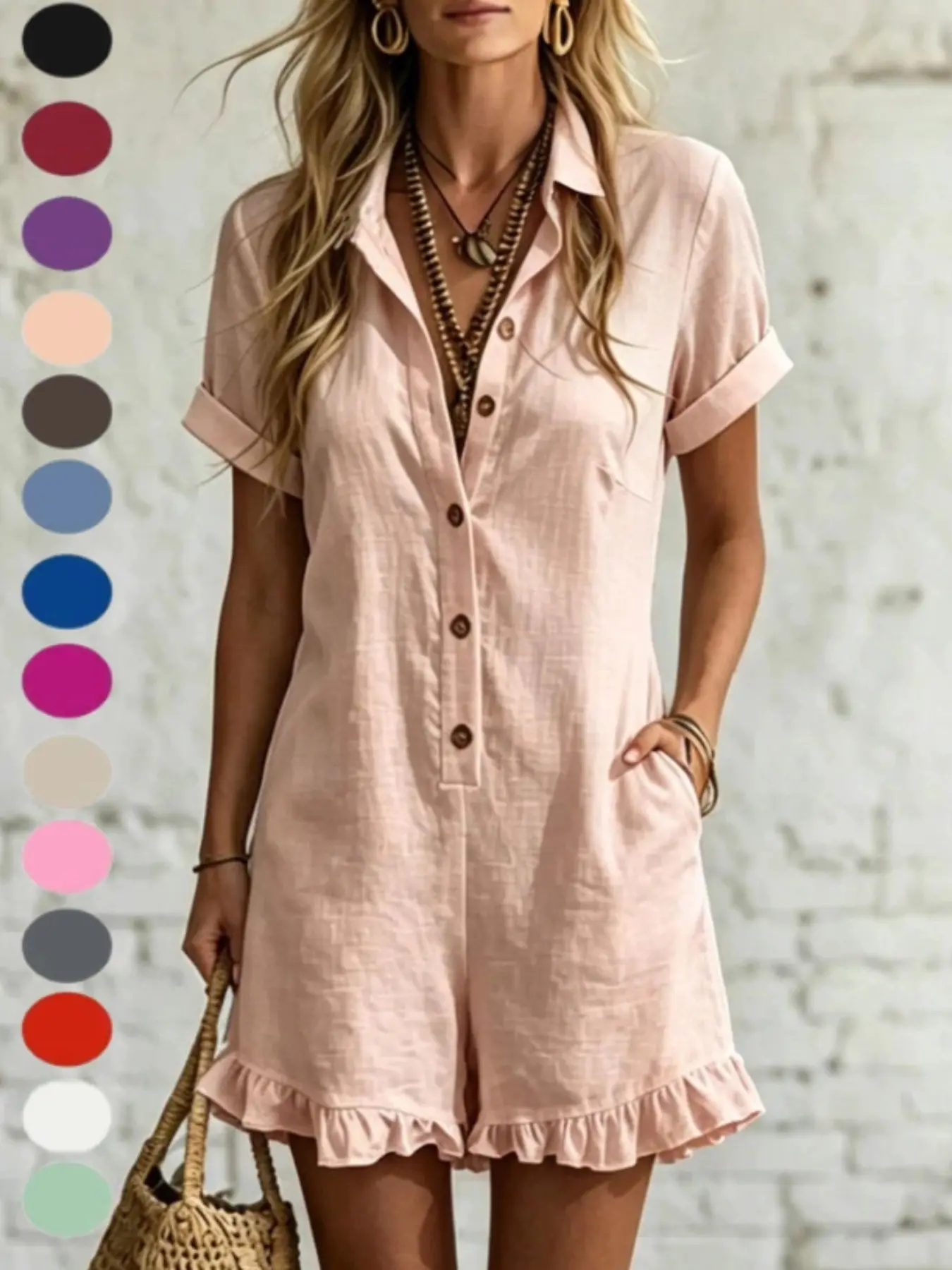 Loose Fit Slimming Breathable Ruffle One-Piece Shorts Jumpsuit, Collared Design, Comfortable, Casual and Stylish, Perfect for Daily Wear