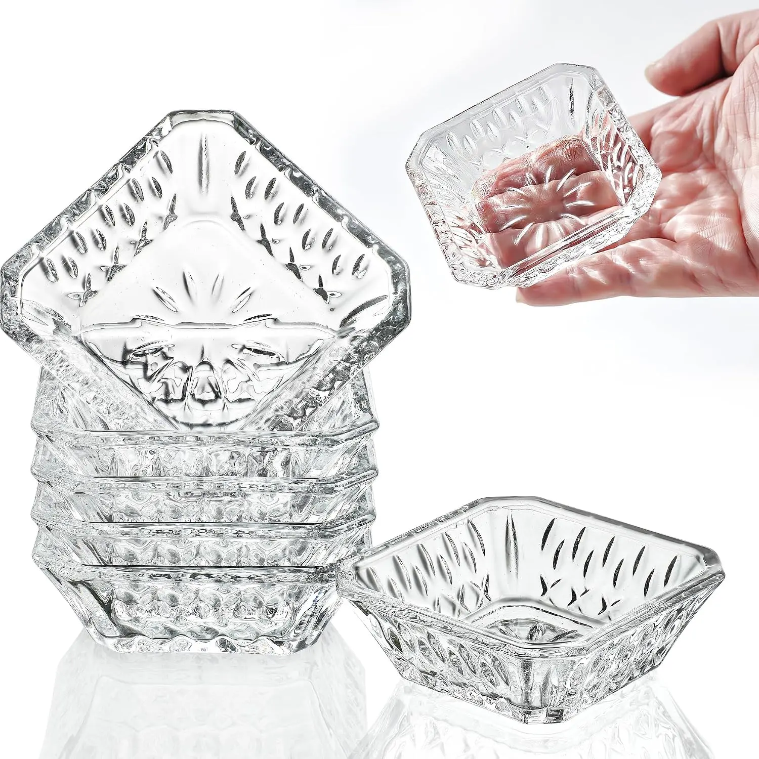 Mini Glass Bowls, Square Prep Bowl, Dishwasher Safe, Pinch Bowls for Dipping Spices Sauce, Stackable, 1.8 oz, Set of 6, (Clear)