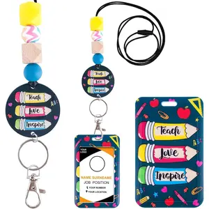 Cute Pencil Silicone Beaded Breakaway Lanyard for ID Badges Keys Teacher ID Badge Holder Keychain for Teachers Women Office Back to School Gifts