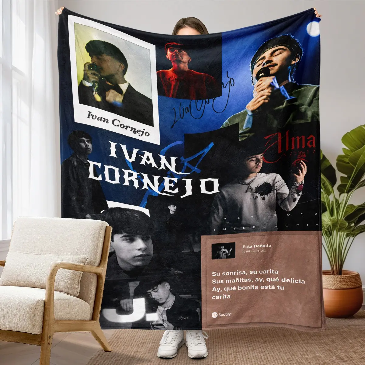 1pc Ivan Cornejo Singer Collage Themed Fleece Blanket, Multi Shot Portraits, Autograph & Song Lyrics All-Over Print, Dark Vintage Latin Music Style. Soft Multi-use Throw for Sofa, Bed, Office, Camping, Ideal for Birthday & Christmas Gifts.