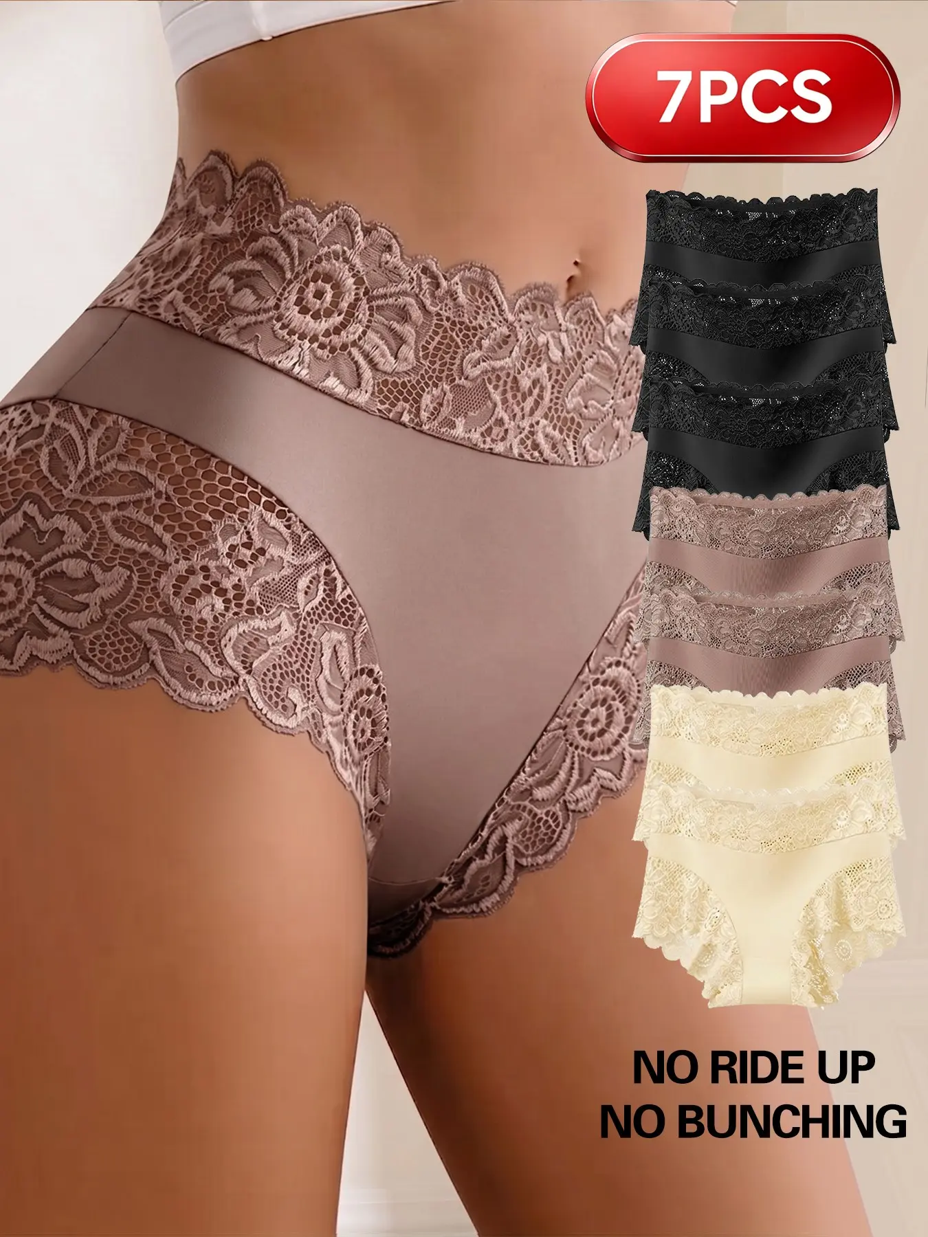 7pcs High-Waisted Breathable Women's Underwear Panties, Soft Stretch Floral Lace Triangle Briefs, Ideal for Daily Wear, Dates, Yoga