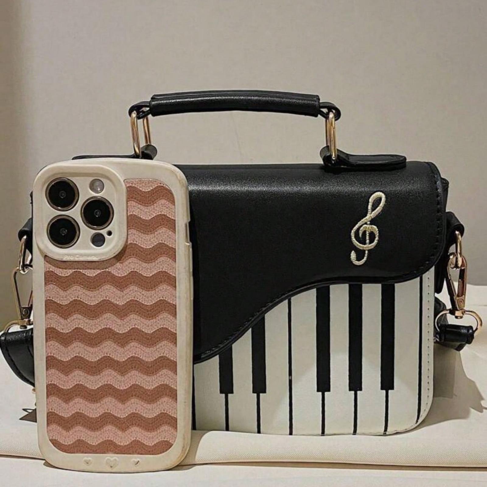 Mini Piano Key Pattern Flap Square Handbag Crossbody Bag Music Notes Shoulderbag, Creative PU Leather Tote Bag For Women, Girls , Small Bags for Student