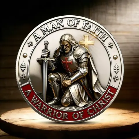 Knight Kneeling Commemorative Coin Gift, Cross Army Sword and Shield Medal, Metal Relief Collectible, Perfect Present for Lovers