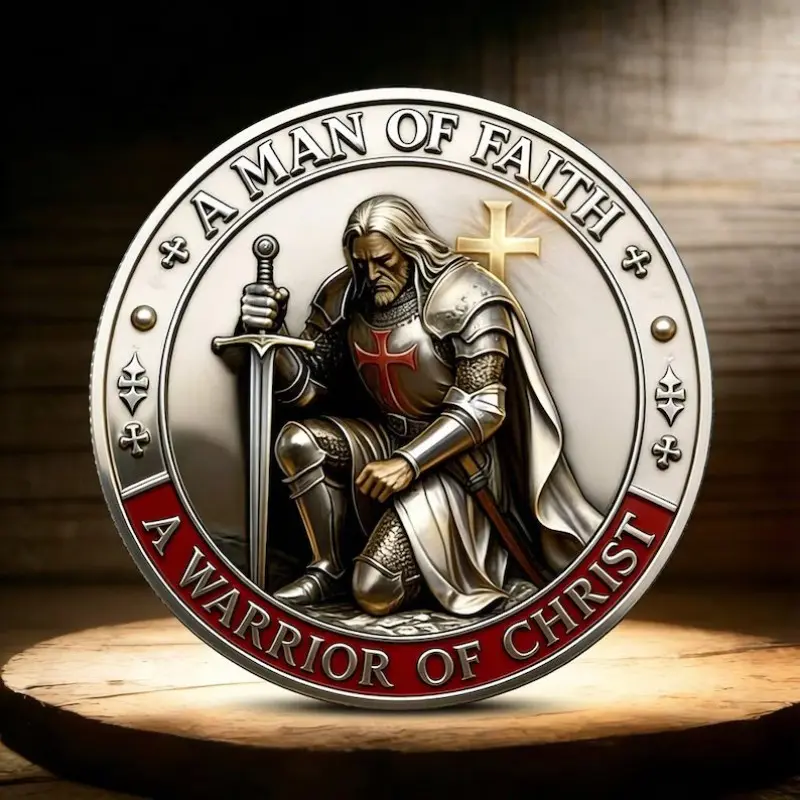 Knight Kneeling Commemorative Coin Gift, Cross Army Sword and Shield Medal, Metal Relief Collectible, Perfect Present for Lovers