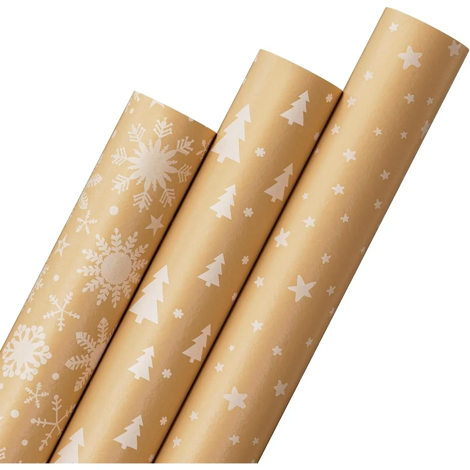 Modern Thick Christmas Wrapping Paper Mini Rolls - 3 Pcs, 17in x 120in Each, Brown with Snowflakes Stars Trees, Easy Folds Holiday Wrap for Xmas Parties, Mini Rolls Gifts & Wrapping Office Stationery