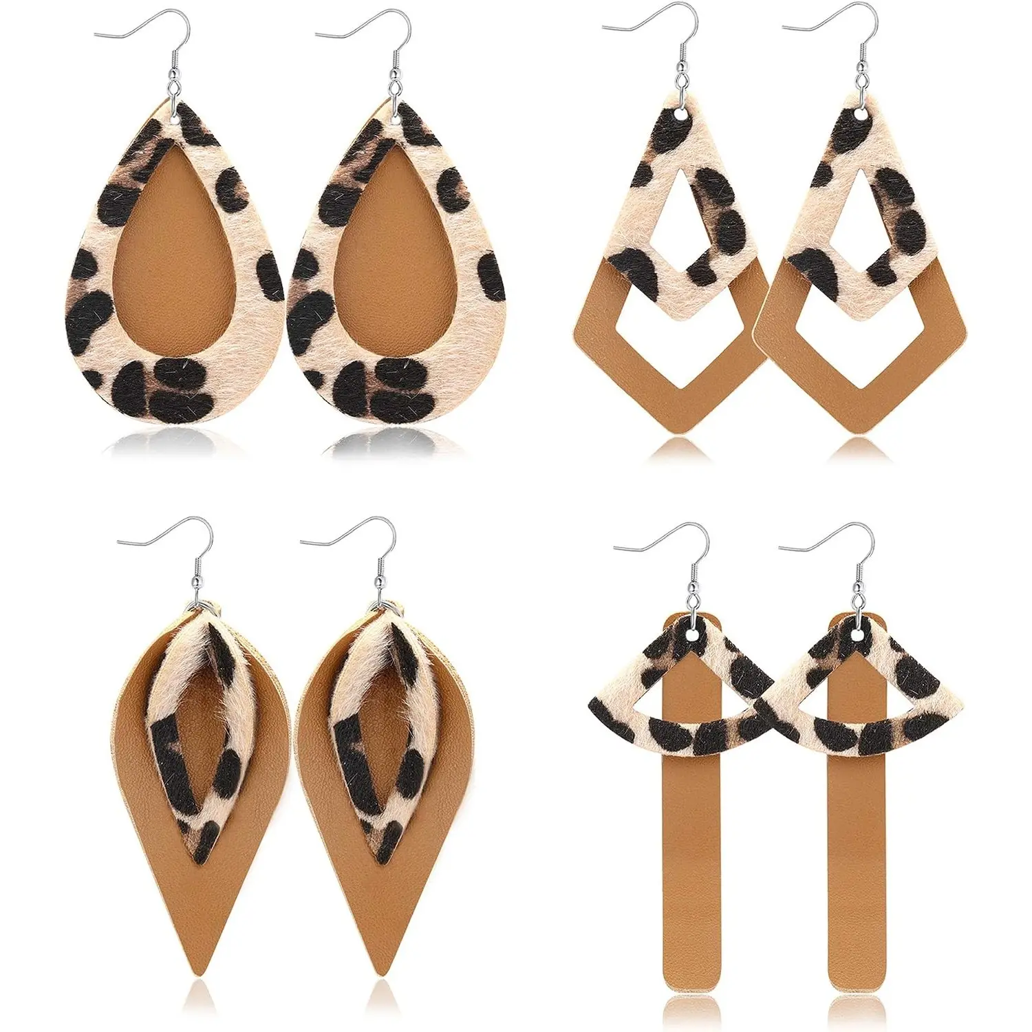 4 Pairs Layered Leopard Leather Earrings for Women Teardrop Leaf Dangle Drop Earrings Lightweight Double Faux Leather Earrings