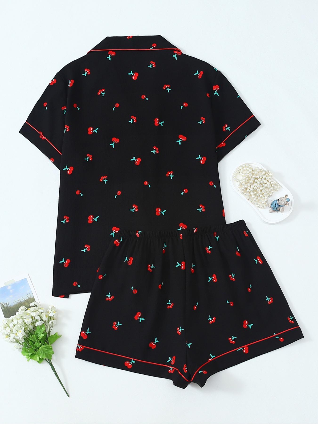 Women's Cute Cherry Print Short Sleeve Pajama, Pajamas Casual Home Loungewear, Casual Comfortable Pocket Lapel Shirt & Elastic Waist Shorts Nightwear Pajama Set, Ladies Sleepwear for All Seasons, Loungewear, Shorts Pyjama Set
