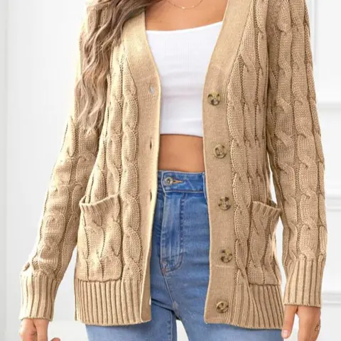 Women's Plain Textured Button Front Pocket Fitted Cardigan, Casual Long Sleeve V Neck Knitwear Fabric for Fall & Winter, Cardigan for Women, Fashion Ladies' Knit Clothing for Daily Wear, Womenswear, Tops