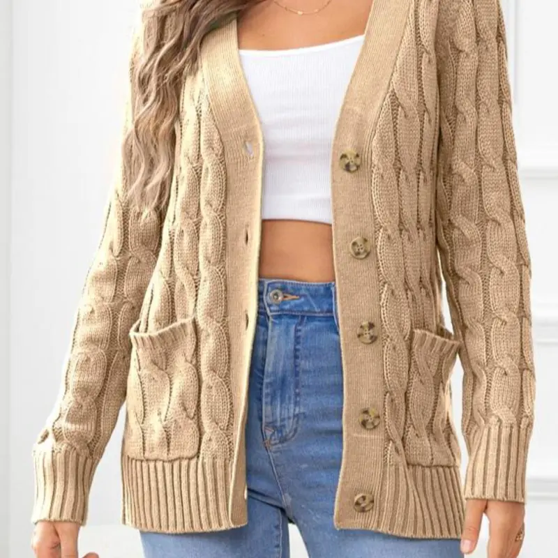 Women's Plain Textured Button Front Pocket Fitted Cardigan, Casual Long Sleeve V Neck Knitwear Fabric for Fall & Winter, Cardigan for Women, Fashion Ladies' Knit Clothing for Daily Wear, Womenswear, Tops