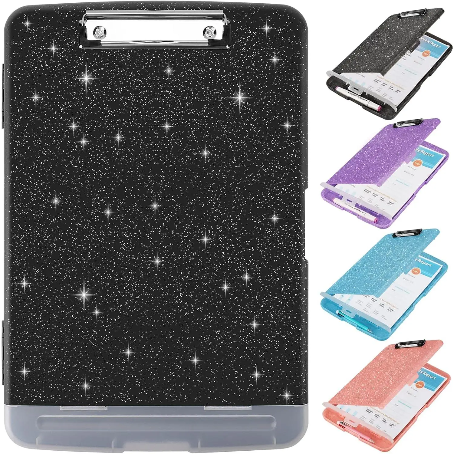 Glitter Clipboard with Storage,Storage Clipboard with Pen Holder,A4 Binder Clip Boards 8.5x11 with Low Profile Clip,Side Opening Sparkle Clipboards, Clipboards Folder for Office Supplies- Black