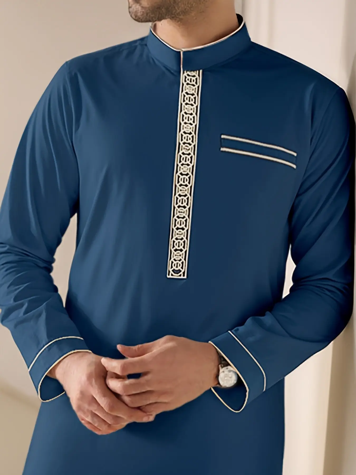 Luxury Colorblock Embroidered Men's Robe, Elegant Stand Collar Long Coat, Comfortable Flowy Muslim Wear, Perfect for Ramadan Gifts
