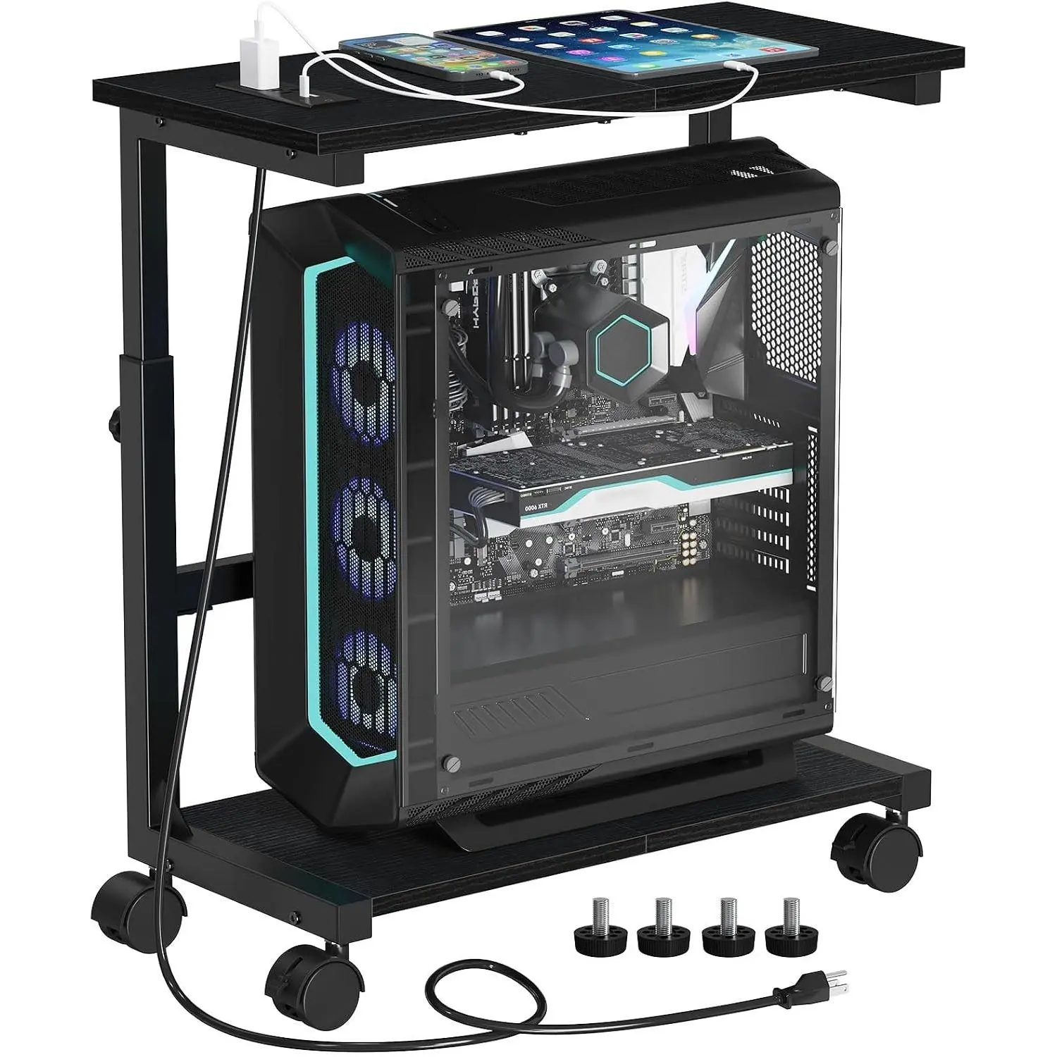 Height-Adjustable PC Tower Stand with Charging Station & Outlet, 25.0"-32.1" Floor Mobile PC Holder with Locking Wheels, Home Office Computer Cart