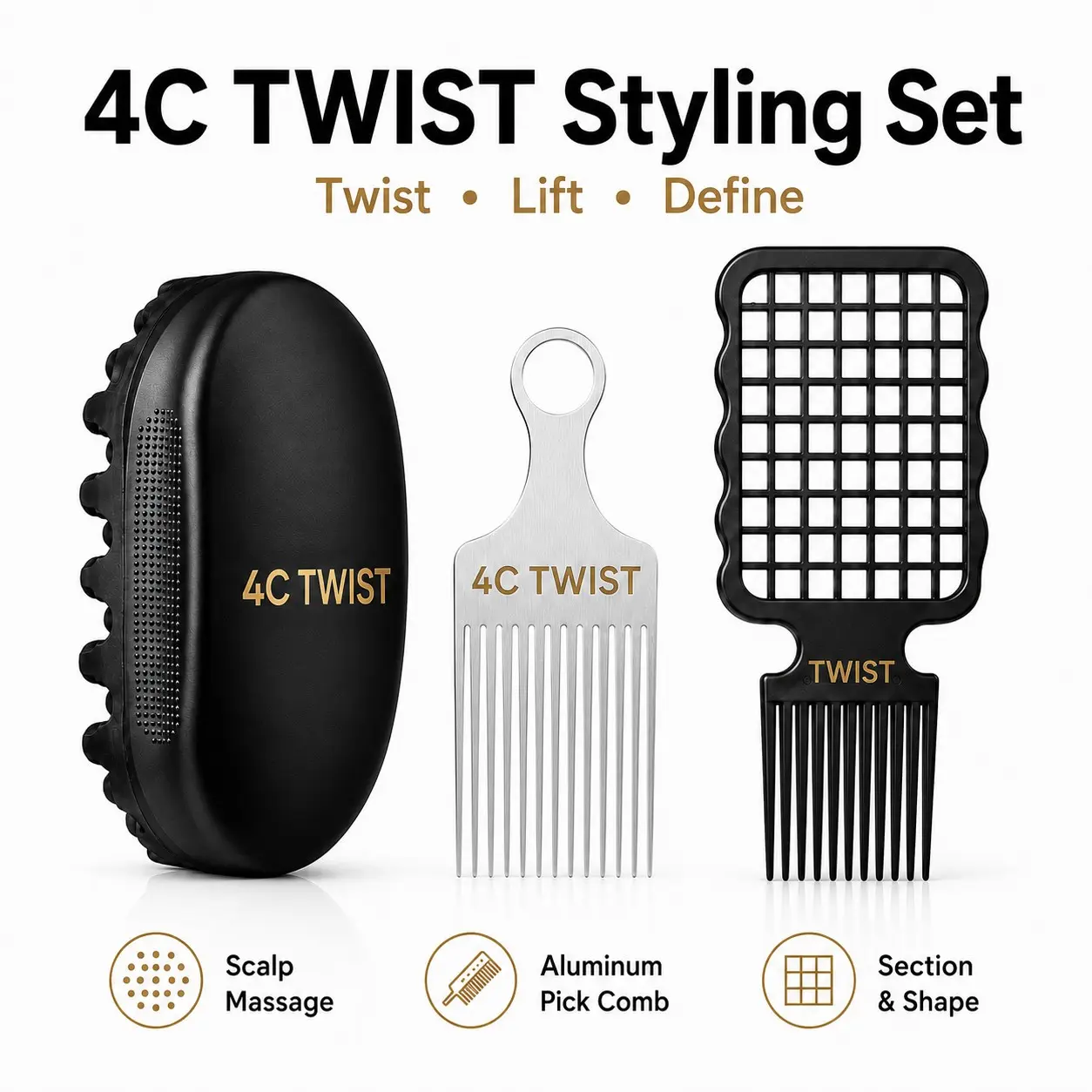 4C TWIST 3-Piece Twist Hair Styling Kit for Men with Twist Sponge Brush, Afro Hair Pick & Grid Sectioning Comb for 4C Natural Hair, Coils, Curls, Twists & Afro Styling