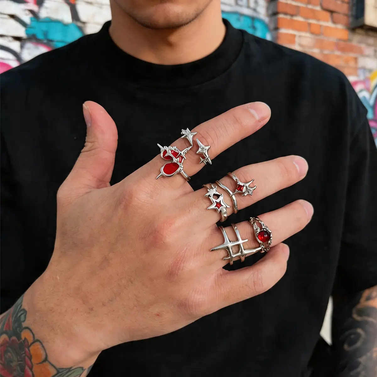 6PCS Men Vintage Gemstone Five‑Pointed Star Ring Set, Hip‑Hop Personality Fashion Finger Rings, Trendy Street‑Style Hand Jewelry Accessories for Guys Daily Styling