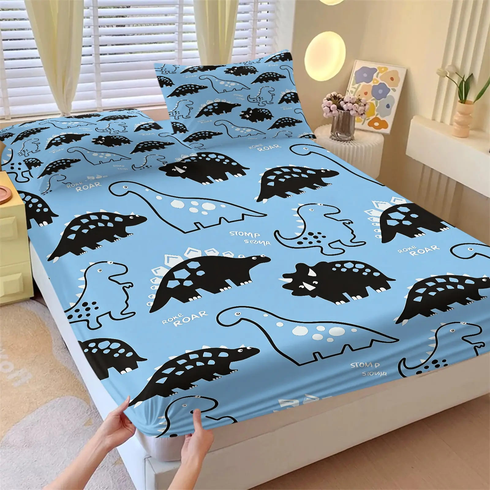 Blue Cartoon Jurassic Dinosaur Print Fitted Sheet Set, 1 Fitted Sheet & 2 Pillowcase, Simple Sketch Multiple Dinosaur Pattern Bedding Set All Size, Breathable Elastic Mattress Protector, Kids Toddler Bedroom Bedding Decor