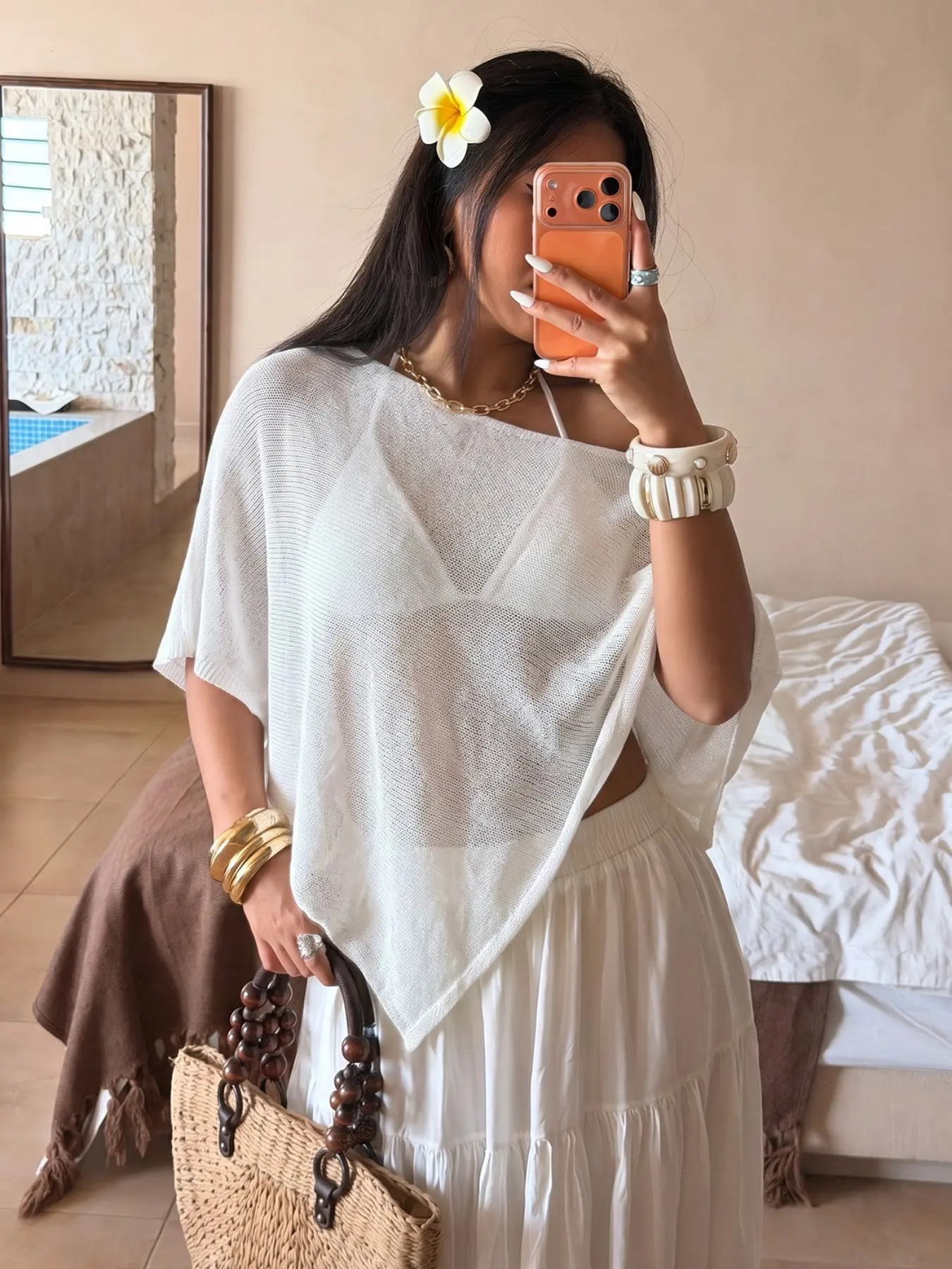 Women Sheer Open Knit Off Shoulder Asymmetric Batwing Sleeve Cover Up Top Lightweight Breathable Sun Protection Bikini Layering Oversized Mesh Knit Blouse Perfect For Summer Beach Poolside Seaside Vacation Resort Travel Holiday Daily Neutral Chic Outfit