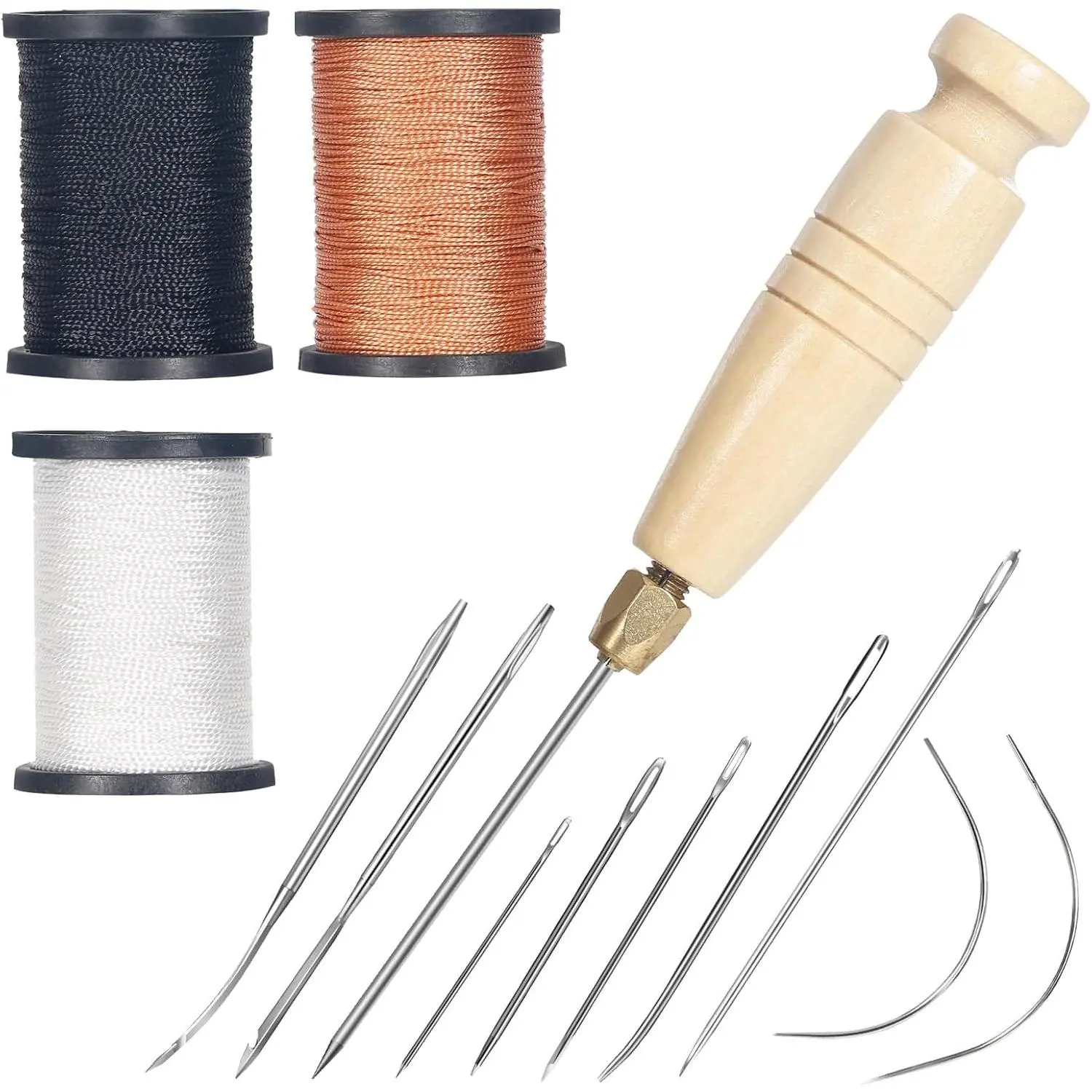 3-Spool Nylon Thread Sewing Kit, 80 Yards Each, Heavy Duty  (5 Straight, 2 Curved), Sewing Awl, Ideal for Upholstery, Leather, Shoes & DIY Crafts