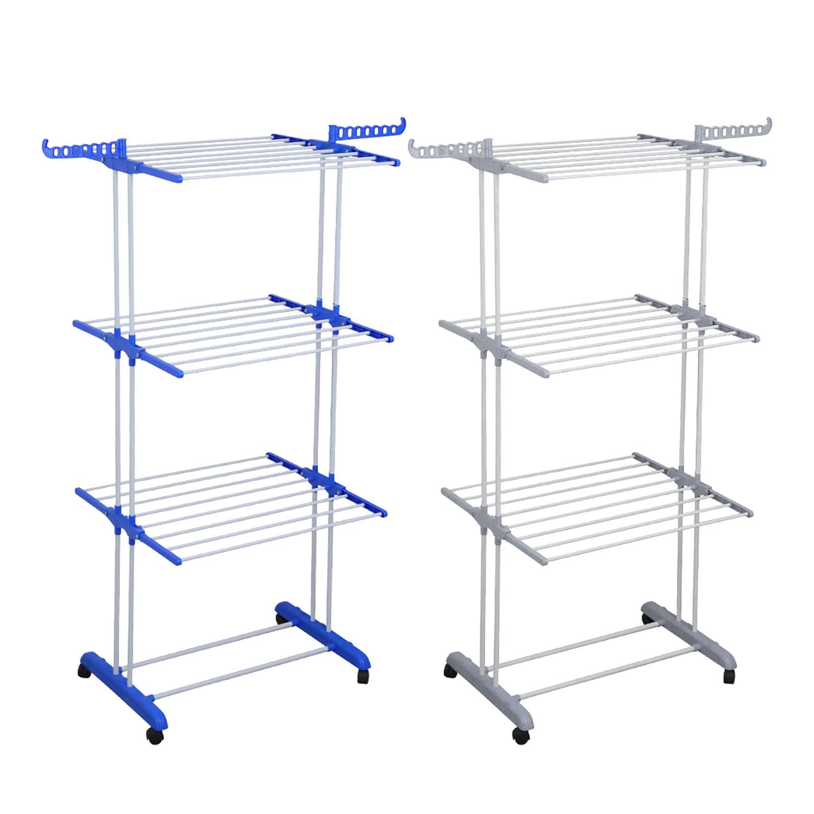 Clothes drying rack, large four-layer foldable drying rack, with four universal wheels for mobility. Multi-functional stainless steel drying rack, blue/gray