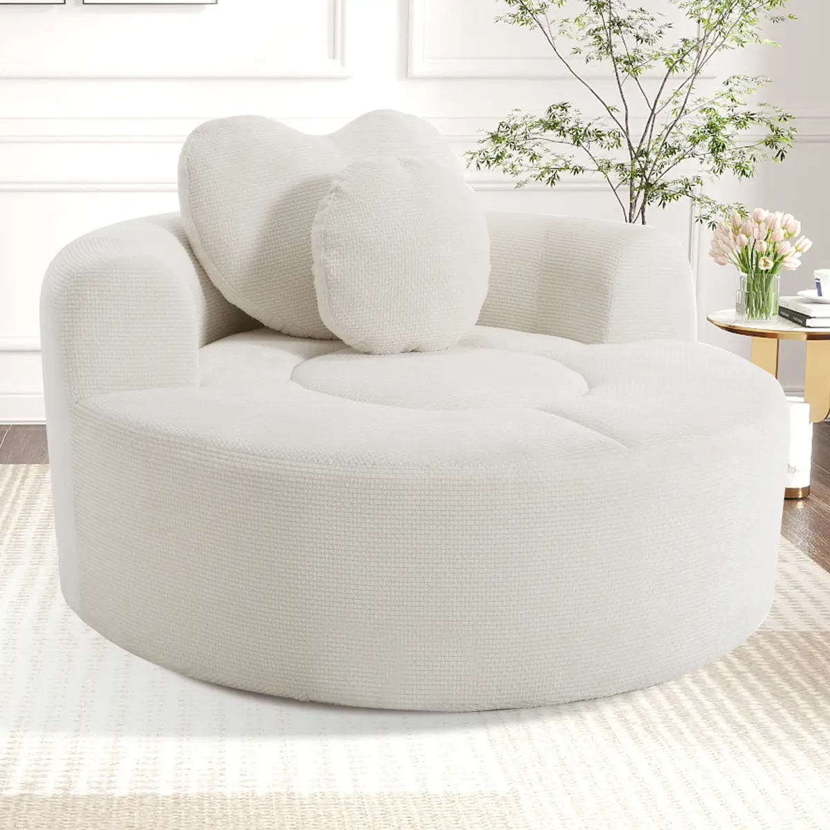 [Fahuac] Round Modern Memory Foam+Spring Convertible Sofa Bed - 55 In Compact Boneless Sectional Couch, Waffle Fabric Lounger with 3 Pillows, Comfy Squishy Low-Profile Mini Sit-Down Living Room Furniture, Comfy Squishy Living Room Furniture