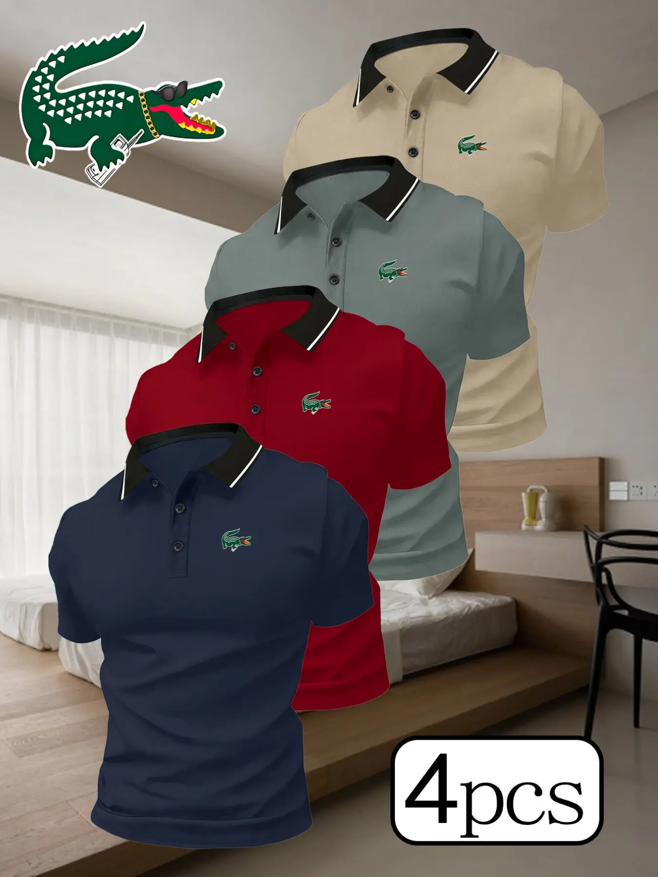 Men's Sporty Quick-Dry Polo Shirts, 4-Pack, Alligator Pattern Print, Comfortable Breathable Fabric, Durable Stretch Material
